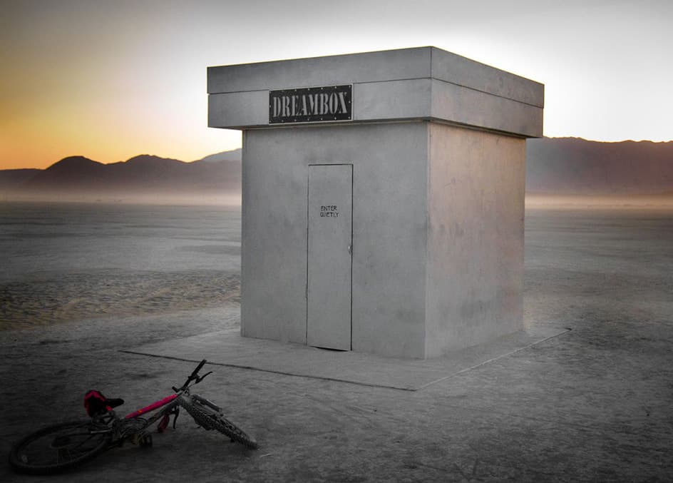 The Dreambox in the desert at sunset
